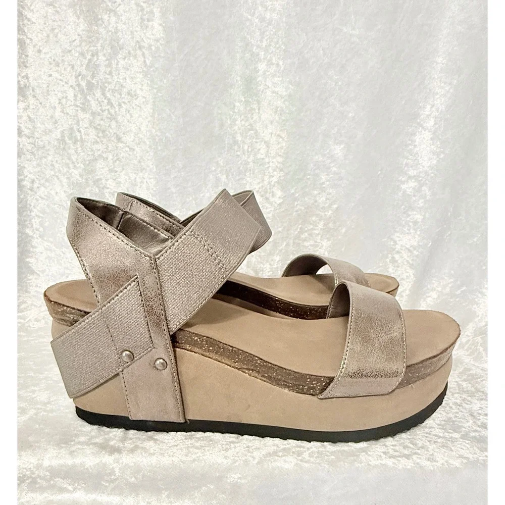 Hokus Pokus Tatum‎ Size-9.5 Metallic Platform Wedge Sandals Elastic Slingback